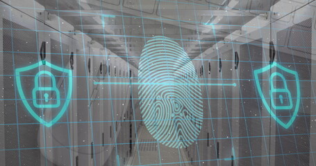 Image of data processing and fingerprint over server room