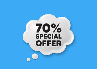 70 percent discount offer tag. Comic speech bubble 3d icon. Sale price promo sign. Special offer symbol. Discount chat offer. Speech bubble comic banner. Discount balloon. Vector