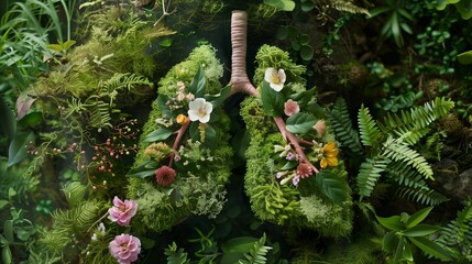 healthy lungs filled with lush greens, moss, and flowers, on a forest greenery background for World Asthma Day - obrazy, fototapety, plakaty
