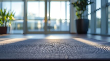 Black yoga mat on the floor in a bright room with windows - obrazy, fototapety, plakaty