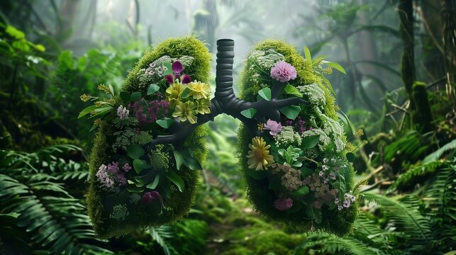 healthy lungs filled with lush greens, moss, and flowers, on a forest greenery background for World Asthma Day
