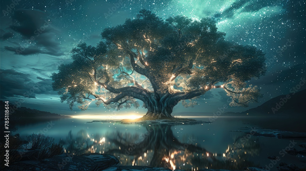 Aufkleber glowing ancient tree of life in northern light. generative ai.