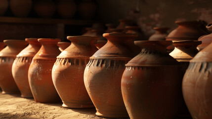 Fototapeta na wymiar An artistic display of terracotta pots under the warm afternoon sun.