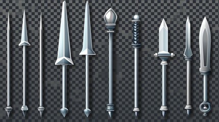 A realistic 3d modern icon set featuring nails hammered into walls, steel or silver pin heads, straight and bent metal hardware spikes or hobnails with gray caps.