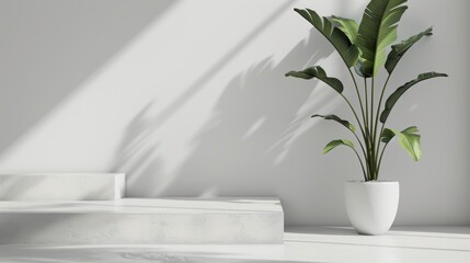 Modern minimalist interior with potted green plant on a white podium