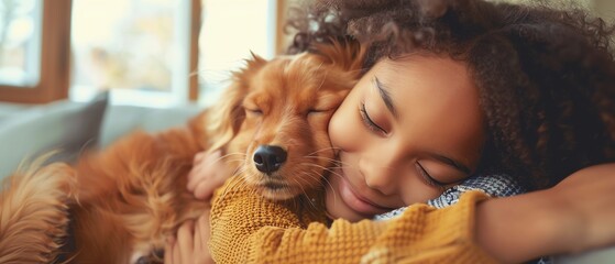 An adorable young girl hugging her beloved dog