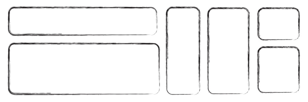 Grunge square and rectangle frames. Ink empty black boxes set. Rectangle borders collections. Rubber square stamp imprint. Vector illustration isolated on white background. eps10