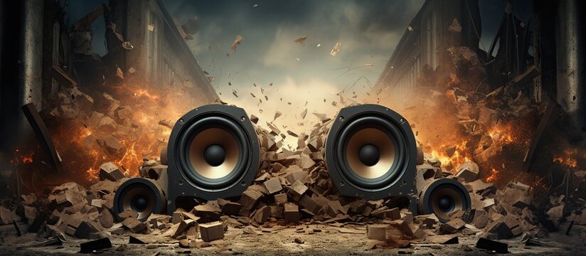 Powerful audio speakers shatter concrete walls. Blast holes, fire and debris. Metal and loud music audio concept.