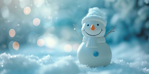 A cute snowman is standing in a snowy forest. He is wearing a blue hat and a red scarf. The background is blurred, and there are snowflakes falling.