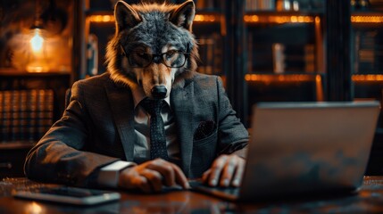Obraz premium A businessman with a wolf's head in a business suit and tie, wearing glasses on a blurred background. Wolf character