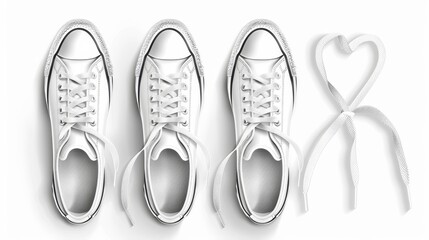 The set consists of white shoelaces and shoe ropes in heart shapes, isolated on a white background. They are modern realistic sets of footwear or clothing laces or boot cords. - obrazy, fototapety, plakaty
