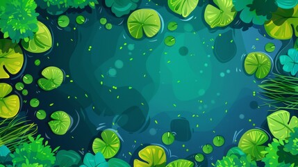 Water lily pad on swamp or lake top. Background with lotus leaves, duckweed and green waterlily plants, cartoon modern illustration with nenuphars. - obrazy, fototapety, plakaty
