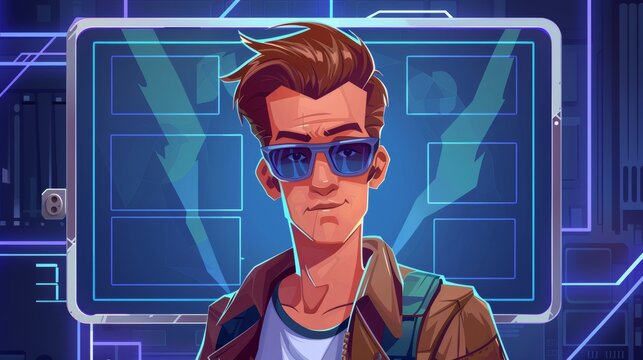 Modern illustration of a modern people avatar in casual clothes. Man with individual face and hair, in light digital frame on dark blue computer background. Image for a personal website.