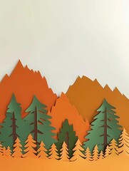 Minimalist cutout paper mountain range in orange and brown along bottom border with green pine tree shapes