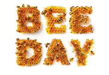 Honey bees are hovering over a honeycomb that spells out the  word "BEE day". May 20, World bee day concept