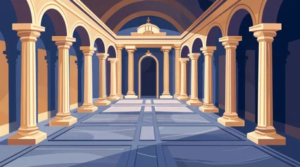 Fotobehang Cartoon modern illustration of an empty ballroom or theater interior with an ancient Greek temple or Roman architecture. Corridor inside a castle with columns and an archway entrance. Palace with © Mark
