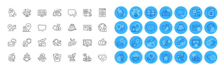 Coffee cup, Piggy bank and Cardio bike line icons pack. Employee, Deal, Voicemail web icon. Medical pills, Message, Fireworks stars pictogram. Outsource work, Food delivery, Charging station. Vector