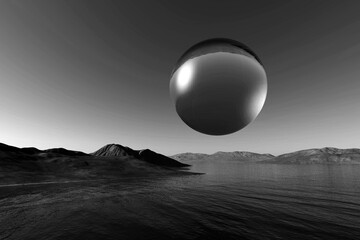 Glass sphere flying over the sea - obrazy, fototapety, plakaty