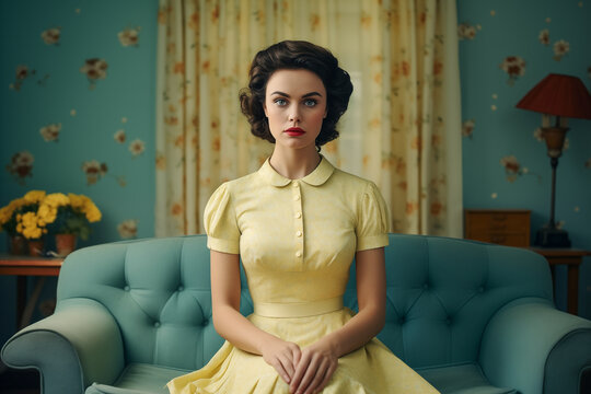 beautiful 50s housewife wearing a yellow dress in retro style