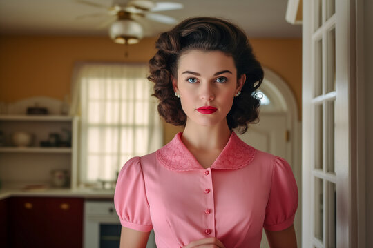 beautiful 50s housewife wearing a pink dress in retro style