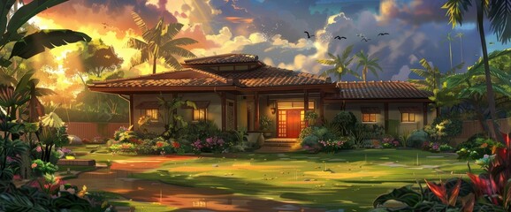 A cozy house with an open porch, surrounded by lush green grass and blooming flowers under the warm glow of sunset.  - obrazy, fototapety, plakaty