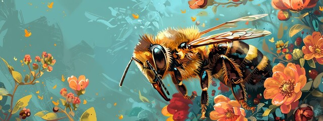 Illustrate a pixel art version of a bee up close, accessorized with a charming floral wreath Bold colors, clean lines, and a touch of whimsy to create a unique and visually appealing piece - obrazy, fototapety, plakaty