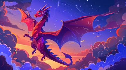 In a cloudy sky flying a dragon, fantastic character, magic creature of the sky with purple clouds, an animal from a fairytale, character from a fantasy novel or video game. A cartoon modern