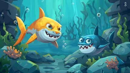 Fototapeta na wymiar In the ocean bottom, sharks and puffer fish are appearing with rocks around them. Underwater creatures with cute faces and big eyes are seen, characters for computer games, marine animals. Cartoon