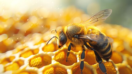 Capture the intricate beauty of an aerial view bee hovering over a vibrant, detailed honeycomb pattern in a digital photorealistic style