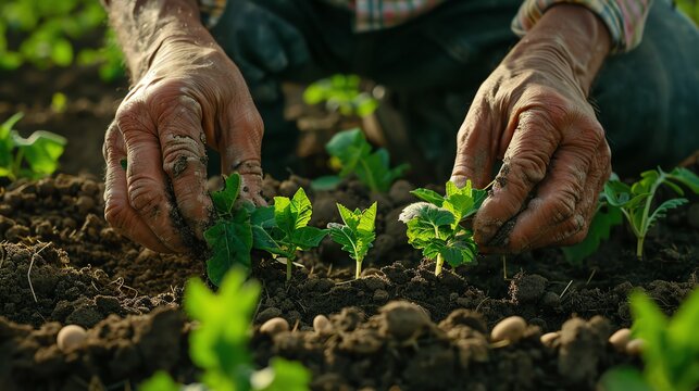 Weathered hands of a farmer carefully nurturing young green seedlings in the rich, fertile earth of a traditional farm.
