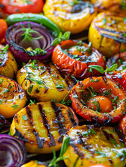 Colourful bell peppers and onions served with herbs.