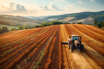 Modern Farming Elegance: Tractor at Work in Expansive Fields. Concept Agricultural Technology, Farming Innovation, Rural Landscapes, Modern Machinery, Sustainable Farming
