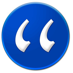 White quote mark symbol on a blue glassy button vector illustration