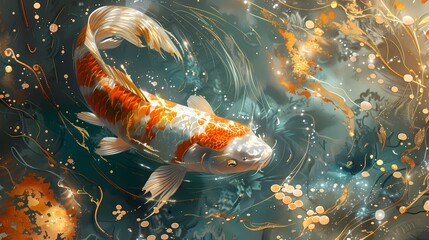 Obraz na płótnie Canvas Golden glitter koi fish in pond illustration poster background