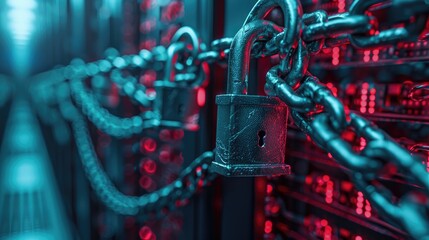 Network security concept with padlocks and chains around server racks