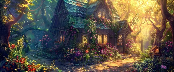 A cozy wooden cottage surrounded by lush greenery and vibrant flowers, nestled in the heart of nature with stone paths leading to its front door.