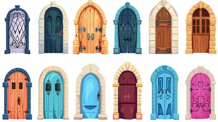 Modern cartoon set of medieval doorways in stone arch for a building facade. Vintage house, castle, gothic church or temple entrance with colored wooden doors isolated on white. - obrazy, fototapety, plakaty