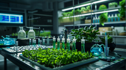 A high-tech laboratory showcasing meticulous plant growth experiments, with detailed monitoring equipment under optimal lighting conditions.