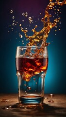 A dynamic and refreshing look of a cola splash caught in motion, displaying amazing energy and fizz