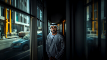 Fototapeta na wymiar A Confident Arab Businessman Wearing UAE Emirati Traditional Dress, White kandura, standing in a daylight next to a window, Arabian man in the Emirates, generative ai.