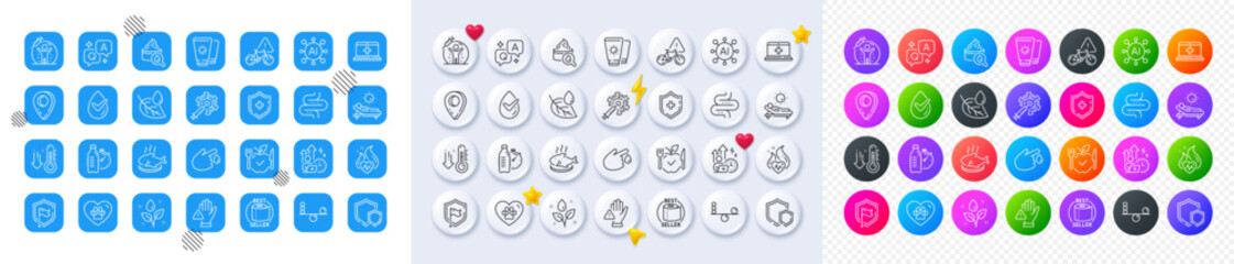 Leaf dew, Dermatologically tested and Shield line icons. Square, Gradient, Pin 3d buttons. AI, QA and map pin icons. Pack of Bike attention, Toilet paper, Fish dish icon. Vector