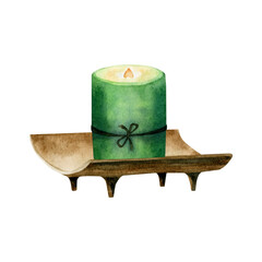 Watercolor burning green candle on a candlestick isolated on a white background.