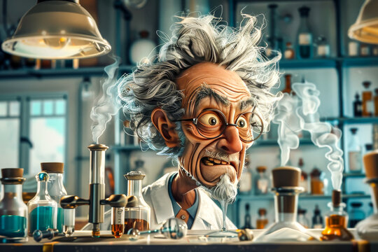 Caricature of a Mad Scientist.  Generated Image.  A digital rendering of a cartoon caricature of a mad scientist in his laboratory.