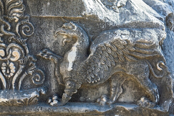 Griffin. Marble relief of winged mythical creature at Didyma Apollo temple (Didimeion). Didim (Aydin), Turkey (Turkiye)