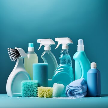 Cleaning products on a blue background. 3d rendering image.