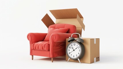 An open cardboard box contains a 3D armchair and alarm clock. Furniture delivered quickly to your home. Concept in motion. Purchase or package from the store.   isolated on white background.
