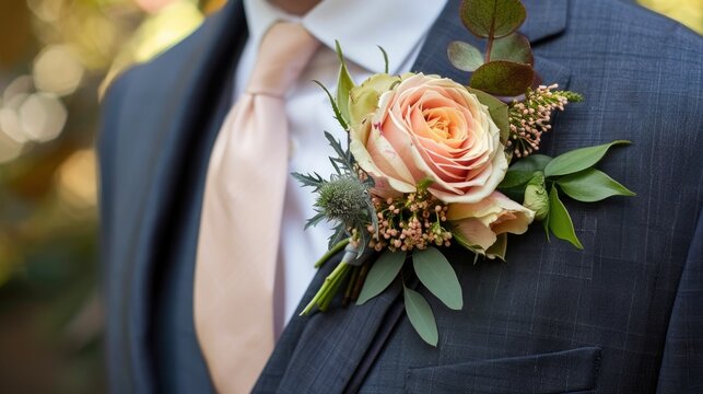 Handcrafted Groom s Boutonniere Adorned with a Delicate Garden Rose Complementing the Bride s Floral Bouquet