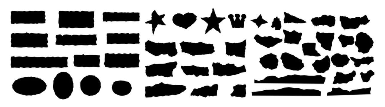 Vector black jagged paper abstract basic shapes set isolated on white. Rough torn edge frames collection sticker piece, shred strip, grunge border, text box shapes