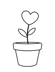 Pot with plant and heart coloring page. Black and white heart flower. Vector