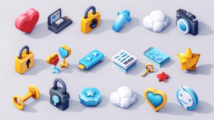 Symbols for social media, like heart, padlock, and stars are 3D. The icon set also includes cloud storage, document, cogwheel, speech bubble, media file, camera, key, or WiFi.